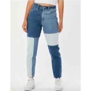 Hollister Ultra High-Rise Mom Jeans Blue Patchwork Colorblock Women's 9R W29 L27